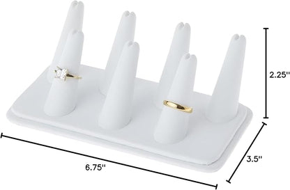 Plymor White Faux Leather Ring Finger Display, Seven on Rectangular Base, 6.75" W x 3.5" D x 2.25" H