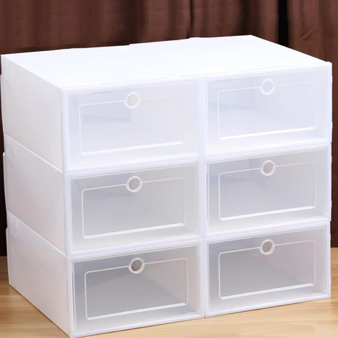 6pcs Stackable Plastic Shoe Boxes Dustproof Flip-, White round Pattern, 33x24x14cm for Men’s Closet Shoe Organizer and Entryway Storage
