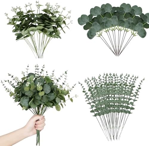 Coreland 120 Pcs 3 Kinds Mixed Artificial Eucalyptus Leaves Stems Fake Silver Dollar Eucalyptus Leaves Stem Bulk Faux Leaf for DIY Bouquets Floral Arrangement Wedding Home Decor by DecorateYourLife