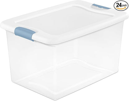 Sterilite 24-Pack Latching Box, Under Bed Storage Bins with Lids, Clear Plastic, 64 Quart - Heavy-Duty Organizing Containers for Closet, Bathroom, and Office