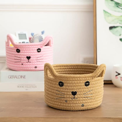 Pet Toy Basket Organzier Cotton Rope Basket Cute Storage Bin Pink Baby Nursery Basket With Ears Gifts Basket For Pet Lover 8.3 x 4.7 inches,Pink