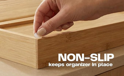 Premium Bamboo Utensil Drawer Organizer Expandable – Modular Silverware Organizer Adjustable Design w/Deep Compartments, Kitchen, & Office Drawer Dividers for Utensils, Cutlery, Makeup, Desk
