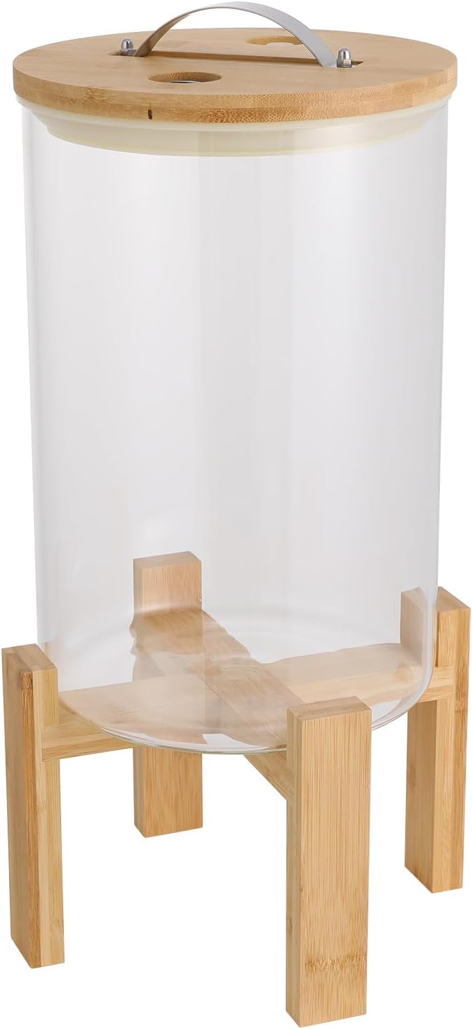 DYNAMI 8L/2.1Gal Glass Rice Storage Container with Airtight Lid,Glass Grain Container with Wood Stand and Thermometer,for Kitchen Organization Pantry Store