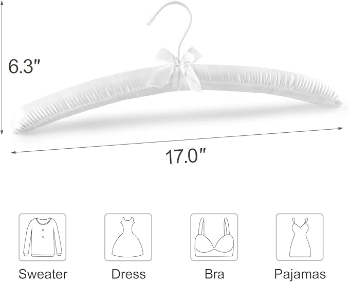 TOPIA HANGER Padded Hangers for Women Clothing,17-inch Satin Hangers 10 Pack Thick Foam Padded No Shoulder Bump for Sweaters, Coat, Blouses, Dresses-White, CT18W-10