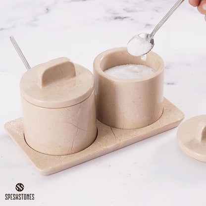 Marble Salt Cellar Beige 4 Inch Salt Jar with Lid, Table Salt Containers for Countertop, Salt Dish, Salt Holder, Spice Jars, Sugar Bowl, Seasoning Container Set of 2, Salt Dispenser