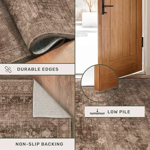 Boho Taupe Brown 3x5 Large Entryway Rug - Modern Vintage Traditional Eclectic Oriental Neutral, Washable Low Pile Non-Slip Area Rugs for Door Mat Indoor Entrance, Kitchen, Laundry - Image 5