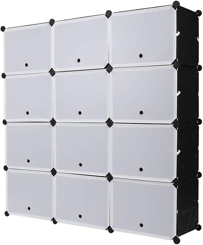 Shoe Rack Organizer, 12 Cube 7 Tier Covered Shoe Storage Cabinet 48 Pairs Freestanding DIY Shoe Shelves Plastic Shoes Rack for Closet Entryway Hallway Bedroom (Black)