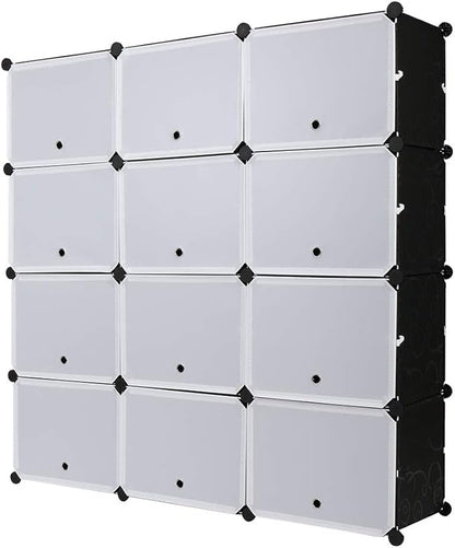Shoe Rack Organizer, 12 Cube 7 Tier Covered Shoe Storage Cabinet 48 Pairs Freestanding DIY Shoe Shelves Plastic Shoes Rack for Closet Entryway Hallway Bedroom (Black)