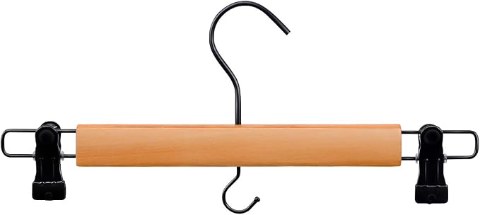 Premium Wooden Pants Hangers 10 Pack, Skirt Hangers with Two Sure Grip Clips, Noise Canceling Swivel Hook (Clear Natural)