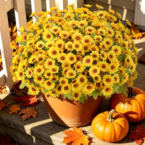 Artificial Daisy Mums for Outdoors, 12 PCS Fall Flowers, Yellow by JulakoOnline