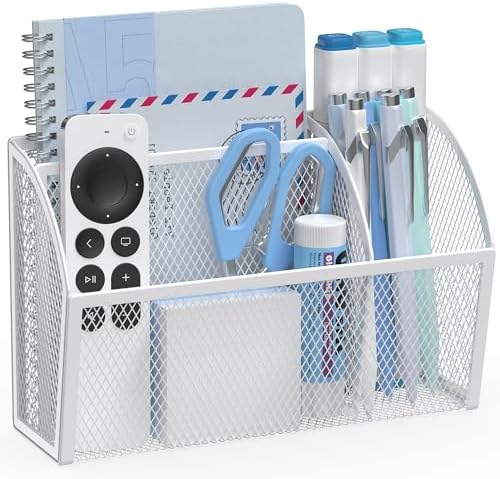 YINGHUA 3 Compartment Magnetic Metal Mesh Pen Holder, White Desk Caddy by YINGHUA
