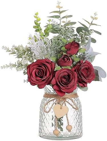 14.5" Artificial Silk Roses with Vase for Home Decoration (Burgundy) by VIERENA