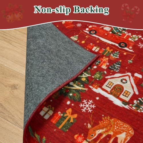Red 2x6 Kitchen Runner Rug: Non-Slip Printed Hallway Christmas Tree Rugs Washable Low Pile Water Resistant Entryway Bathroom Floor Carpet Soft Mat for Bedroom Bathroom Distressed Beside Rug（2x6，Red） - Image 7