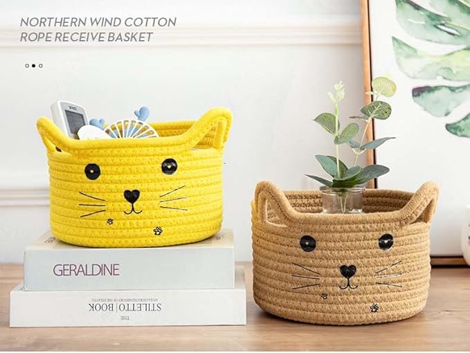 Cotton Rope Basket Yarn Basket With Ears Cute Baby Shower Gifts Cartoon Pet Toys Organizer Bins Small Basket For Makeup/Keys 8.3 x 4.7 inches,Brown