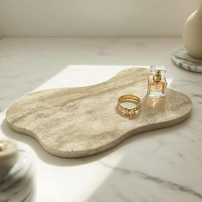 Cloud Shaped Travertine Vanity Tray, 13.3 x 8.3 Inch Natural Stone Decorative Catchall Tray for Bathroom Countertop, Beige Marble Jewelry Dish Perfume Tray for Coffee Table Dresser Nightstand