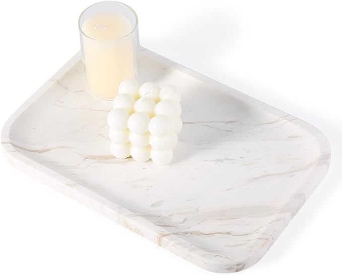 Karibiber Marble Vanity Tray, Marble Bathroom Tray Countertop, Decorative Trays for Dresser Organizer, White Stone Storage Serving Trays for Kitchen, Perfume, Jewelry Cathall Holder, Unique Veining