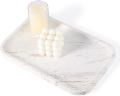 Karibiber Marble Vanity Tray, Marble Bathroom Tray Countertop, Decorative Trays for Dresser Organizer, White Stone Storage Serving Trays for Kitchen, Perfume, Jewelry Cathall Holder, Unique Veining