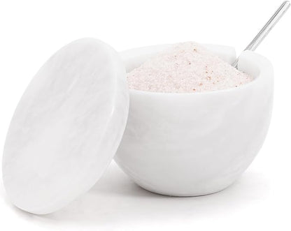 MARBLOUS KRAFTS Marble Salt Holder with Lid and Spoon 3 x 4 White Spice Jar for Kitchen Countertop, 4.7 oz, Ideal Seasonings, Sugar Bowl, and Salt Storage, gifts for mom