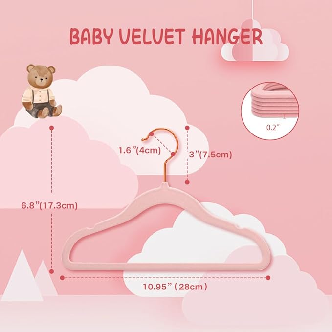 Stormix Baby Clothes Hangers 16 Pack, Kids Velvet Hangers Non-Slip, Clothes Hangers with Shoulder Notches for Toddler Children Pink (Gold Hook)