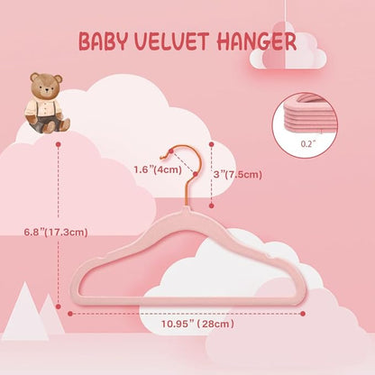Stormix Baby Clothes Hangers 16 Pack, Kids Velvet Hangers Non-Slip, Clothes Hangers with Shoulder Notches for Toddler Children Pink (Gold Hook)