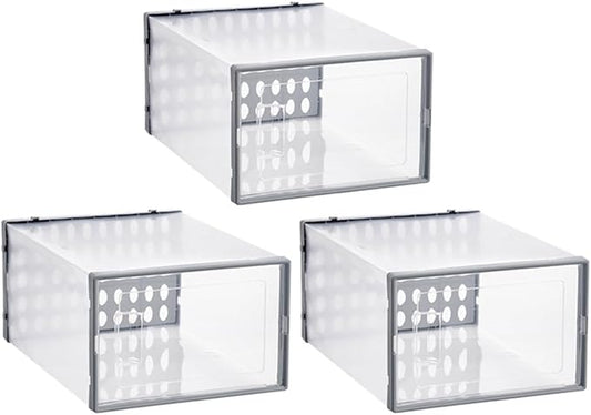 Shoe Storage Boxes 3pcs Dustproof Plastic Shoe Organizer for High-top Sneakers and Boots for Home Closet Gray 34x15.5x24cm