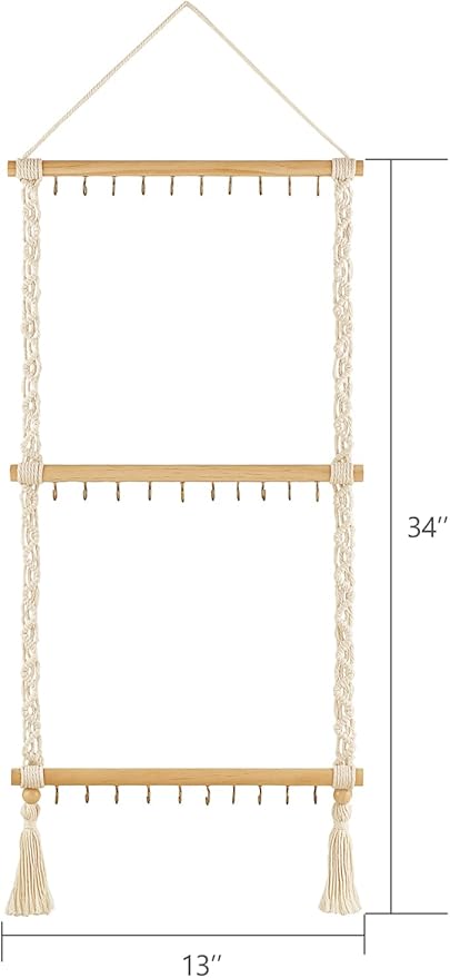 Dahey Hanging Jewelry Organizer Macrame Necklace Holder with 30 Hooks Wall Mounted Jewelry Hanger Over Door Necklace Rack with Tassel for Necklace Bracelet Earring Headband Bow Organizer
