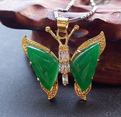 Yellow Gold Plate CHINESE Green JADE Pendant Butterfly Diamond Imitation 100790, 33mm X 23mm X 7mm