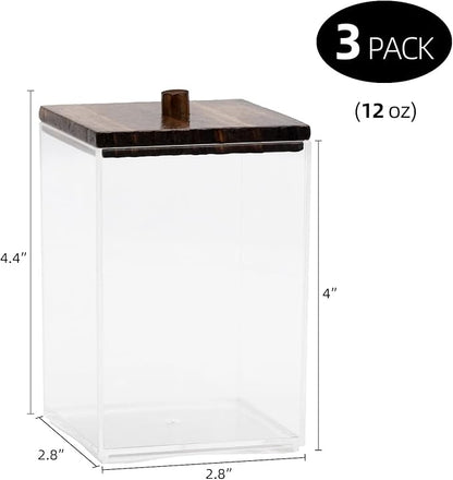 Tbestmax 3 Pack Qtip Holder - 12 oz Bathroom Organizer and Storage Containers, Plastic Square Apothecary Jars with Black Bamboo Lids for Cotton Ball, Cotton Swab, Floss