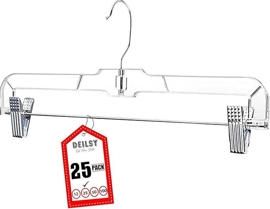 DEILSY™ Skirt Hangers Pants Hanger with Clips Hanger Shorts Clear Plastic Clothes with 2-Adjustable Clip Non-Slip Clothes Perfect for Pant, Pack of 25