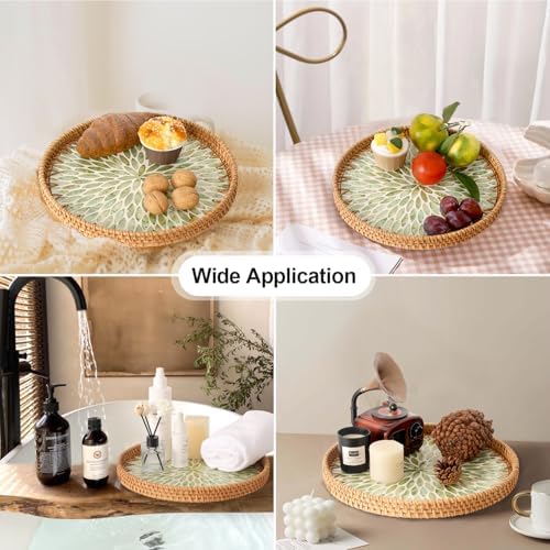 Round Rattan Tray with Mother of Pearl Inlay, Rattan Serving Tray for Coffee, Bread, Fruits, Decorative Wicker Tray for Table Decor, Home Decor, Kitchen Island Decor (Green Leaf, 11.8") - Image 2
