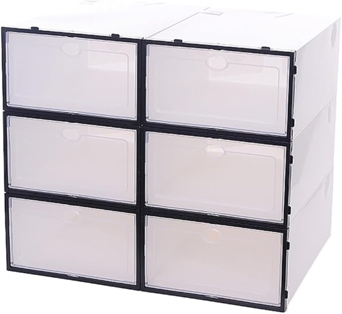 LABRIMP 6pcs Stackable Plastic Shoe Storage Boxes with Thickened Body and Black Frame for Men’s Footwear Organizer and Closet Space Saving