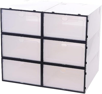 LABRIMP 6pcs Stackable Plastic Shoe Storage Boxes with Thickened Body and Black Frame for Men’s Footwear Organizer and Closet Space Saving