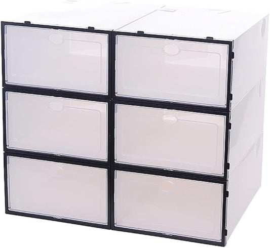 LABRIMP 6pcs Stackable Plastic Shoe Storage Boxes with Thickened Body and Black Frame for Men’s Footwear Organizer and Closet Space Saving