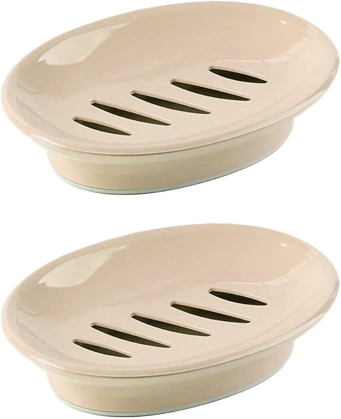 WYOK 2-Pack Soap Dish with Drain Plastic Sponge Holder Easy Cleaning Soap Saver Tray Caddy Keep Dry Stop Mushy for Shower Bathroom Kitchen(Khaki)