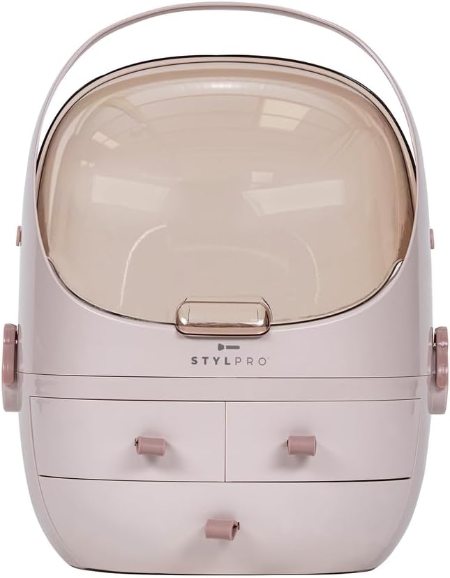 STYLPRO Beauty Storage Pod, Cosmetics & Skincare Organiser with 3 Drawers, Detachable Lid, Dustproof Cover & Travel Handle for Dresser, Bedroom, Bathroom & Home Organisation