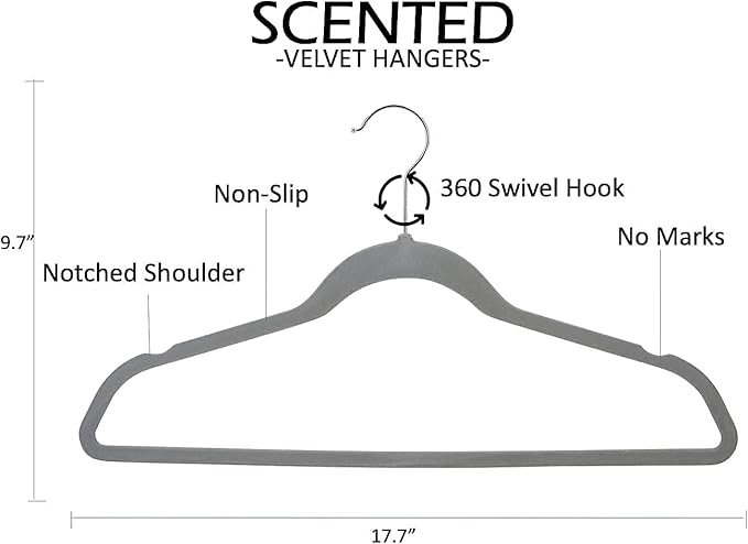 Non-Slip Scented Velvet Hangers - Heavy Duty Clothes Hanger - Ultra Thin Space Saving 360 Degree Swivel Hook - Ideal for Coats, Jackets, Pants, & Dress - French Lavender - 25 Pack