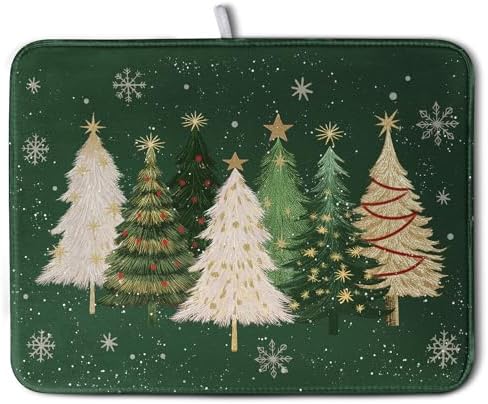 Green Christmas Tree Snowflakes Dish Drying Mat for Kitchen Counter 18x24 Inch Winter Xmas Holiday Dish Rack Mat Absorbent Microfiber Dish Draining Mat Reversible Drainer Pad by Wnoesat