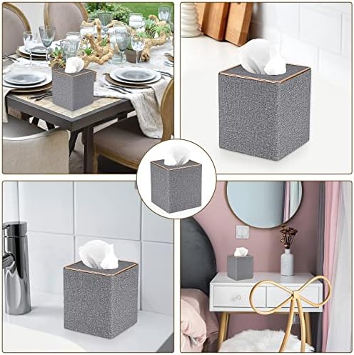 Sumnacon Square Linen Tissue Box Cover with Magnetic Bottom, Gold Trim,Grey - Image 7