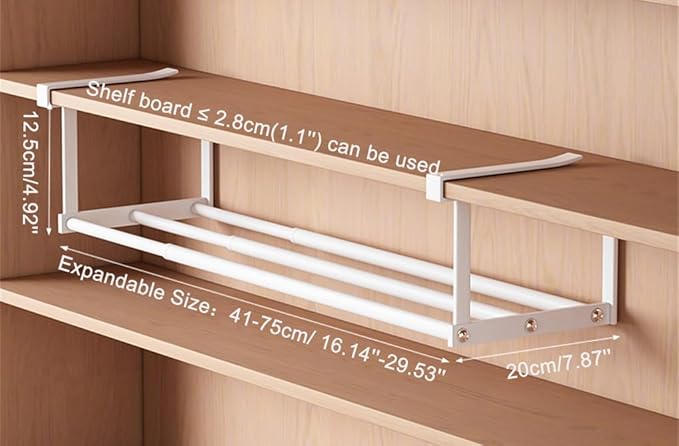 Expandable Shoe Rack Closet Hanging Organizer 16.14''-29.53'' Metal Adjustable Under Cabinet Storage Shelf Space Saving for Kitchen Pantry Room Dorm, White, 1 Pack