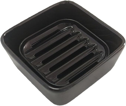 Ceramic Soap Dish, Square Shower Case with Drain Grid, Compact Bathroom Soap Holder for Sink Countertop, Decorative Ceramic Soap Saver Tray, Dish for Liquid or Bars (Black)