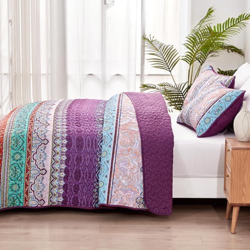 WONGS BEDDING Purple Quilt Queen Size, Boho Stripe Bedding Set, 96"x90" - Image 4