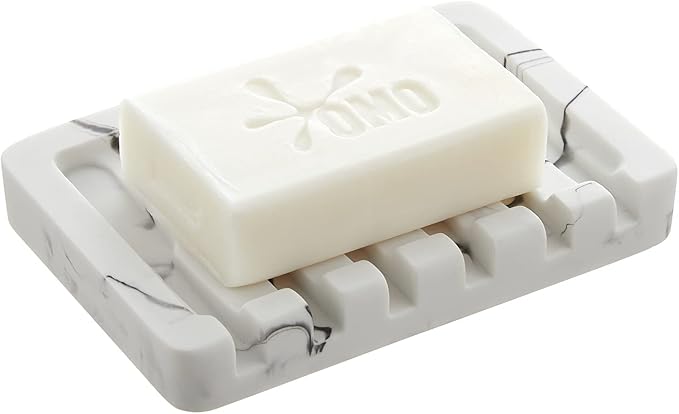 INIUNIK 2PCS Self Draining Soap Dish - Marble Look Soap Holder Tray Savers Box Container Sponge Holder for Bathroom Shower Kitchen, White