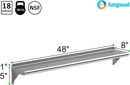 AmGood 8 in. x 48 in. Stainless Steel Wall Shelf | NSF | Metal Shelving | Garage, Laundry, Storage, Utility Room | Restaurant, Commercial Kitchen