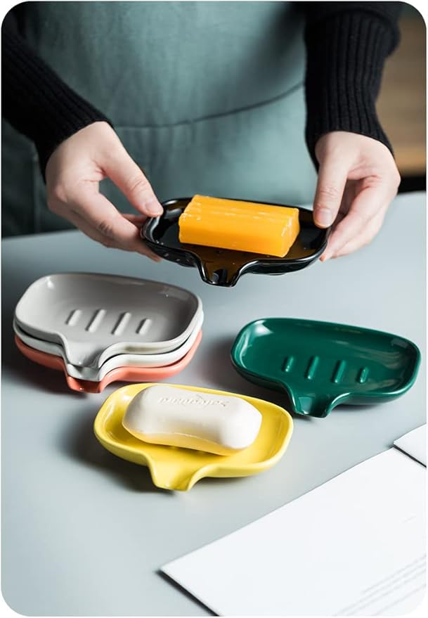 Multi-Color Ceramic Soap Dish for Kitchen or Bathroom, Easy to Clean, Self Draining Soap Holder, Keeps Soap Dry (Yellow)