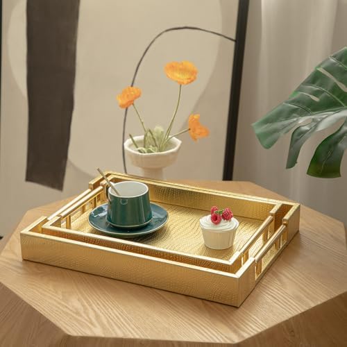 2 Piece Woven Leather Ottoman Tray with Gold Handles, Perfect Rectangular Serving Tray for Living Room, Coffee Table Home Decor Enthusiasts (Golden) - Image 2