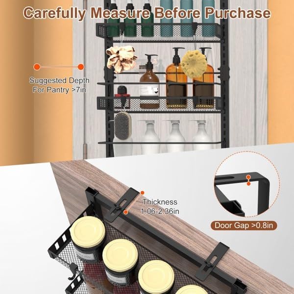 6-Tier Over the Door Organizer, Heavy Duty Metal Pantry Door Rack, Hanging Storage Shelf for Kitchen, Over The Door Spice Rack & Pantry Organizer, 6-Shelf Metal Hanging Storage (Black)