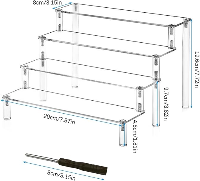 4-Tier Clear Acrylic Display Shelf - 8 Inch Multi-Use Organizer for Perfumes, Skincare, Cupcakes, Toys & Cosmetics | Durable Transparent Storage Solution with Easy Assembly