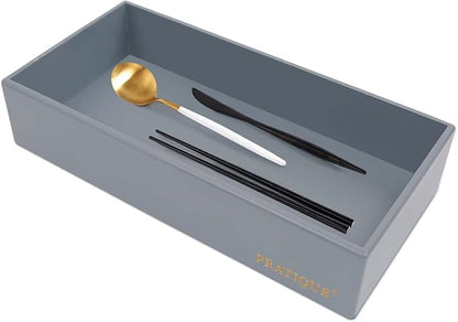 PRATIQUE Bamboo Drawer Organizer - Kitchen Utensil Organizer Silverware Tray Cutlery Holder，Office Desk Supplies and Accessories,12 * 5.9 * 2.6,Grey