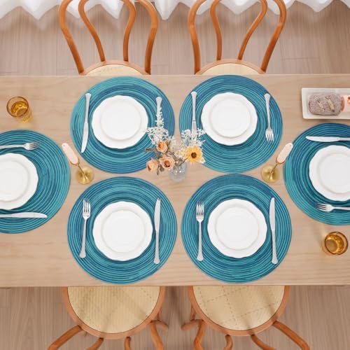 SHACOS 15 inch Round Placemats Set of 4 Variegated Multicolor Place Mats Cotton Polyester Braided Non Slip Washable Heat Resistant Table Mats for Home Wedding Dinner Party Table Decor, Rainbow Teal - Image 2