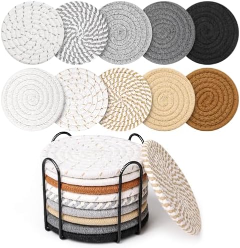 Billbotk 10 Pieces Coasters for Drinks, 10 Colors Absorbent Drink Coasters with Holder, Table Coaster Set for Home Decor, Apartment Decor Aesthetic, Living Room Essentials, 4.3 Inches by Billbotk